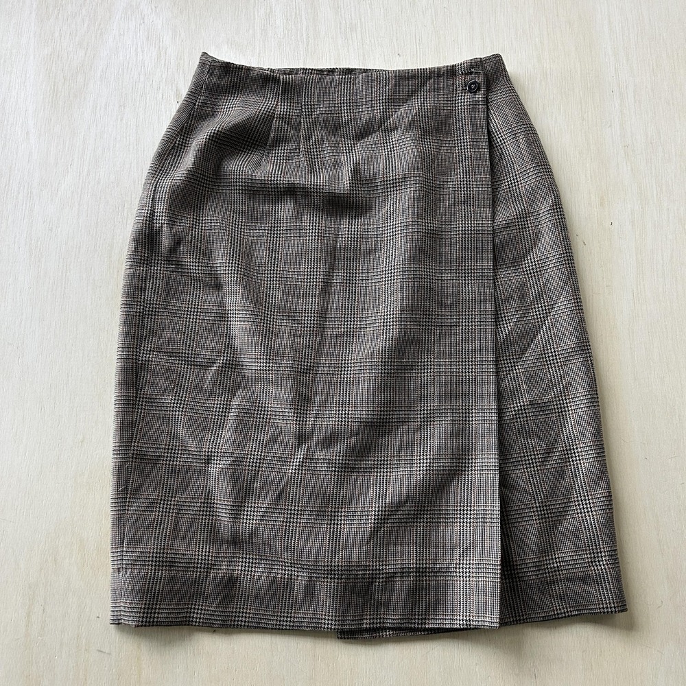 Vintage Rafaella Skirt Womens 14 Brown Plaid Wool Tweed Wrap Knee Length Lined